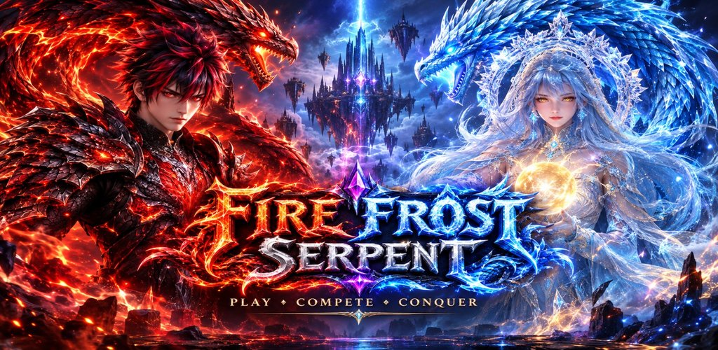 FireFrost Serpent key art: a fire warrior and an ice queen with their dragons. Play, compete, conquer.