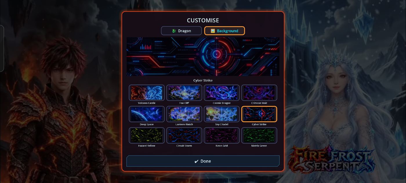 Customise screen with background choices