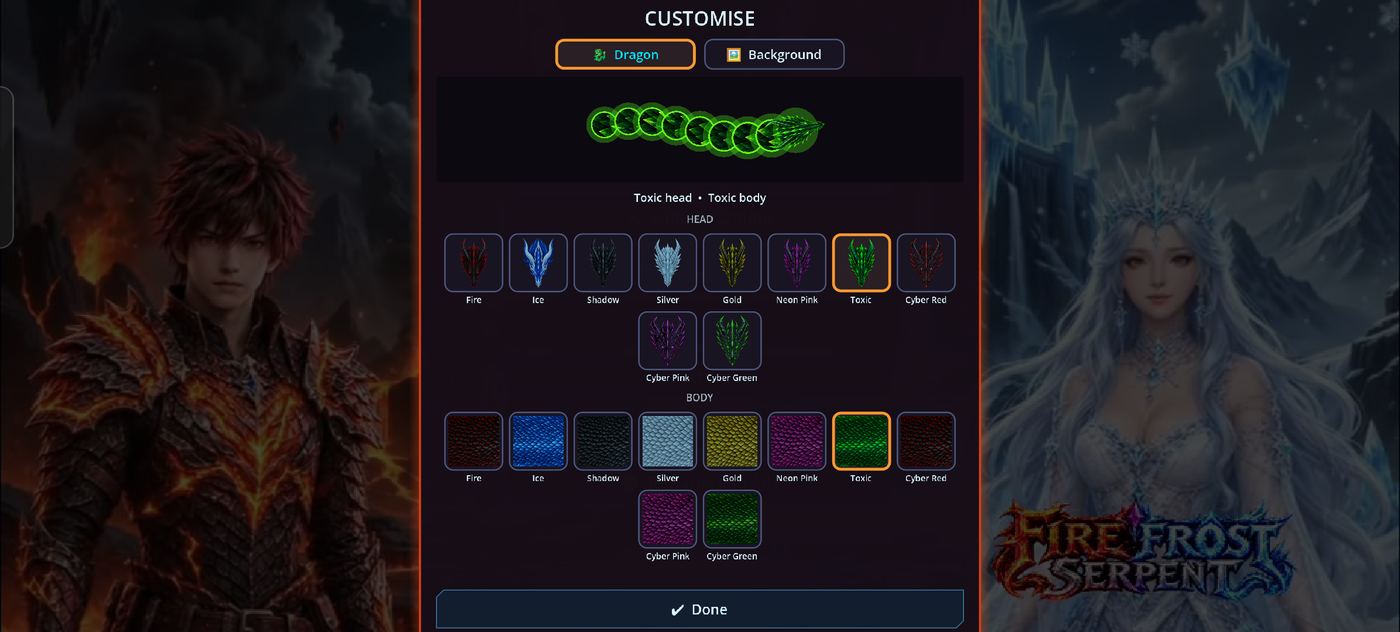 Customise screen with dragon head and body choices